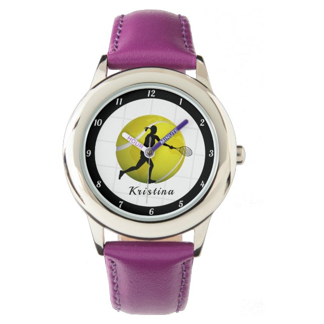 Female Tennis Player Silhouette Girls Name Ball  Watch (Front)