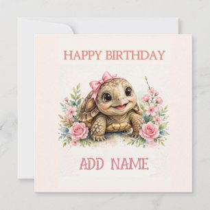 Female Tortoise: Baby Animal Pastel bow & Flowers Card