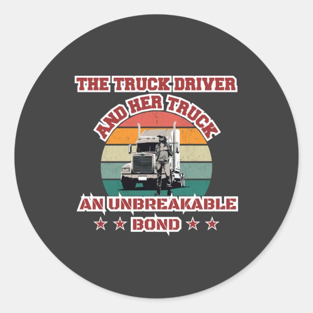 Female Trucker Strong Road Bond Pride Power Design Classic Round Sticker (Front)