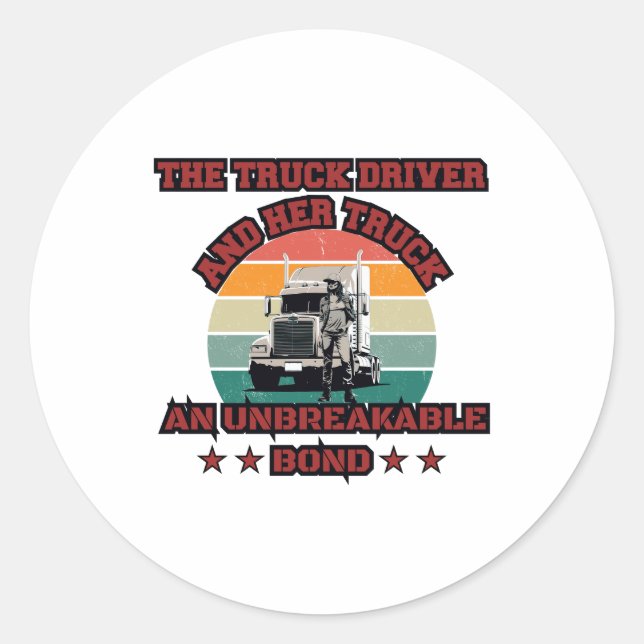Female Trucker Strong Road Bond Pride Power Design Classic Round Sticker (Front)