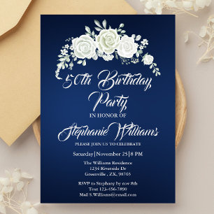 Female Vintage White Rose Border 50th Birthday Invitation