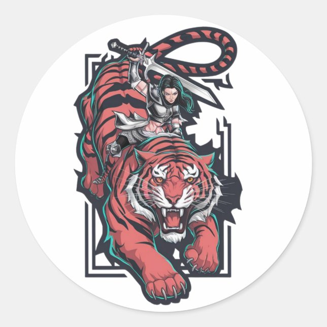Female warrior atop a massive tiger classic round sticker (Front)