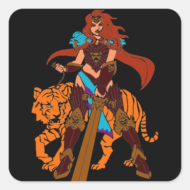 Female Warrior with Tiger and Sword Square Sticker (Front)