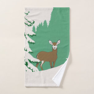Female White Faced Deer Pine Tree Snow Green Hand Towel