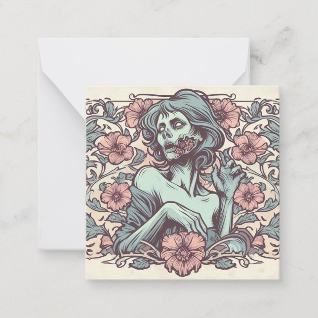 Female Zombie Art Nouveau with Flowers Pretty Card (Front)