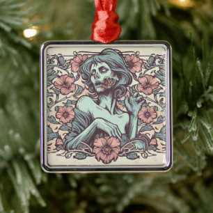 Female Zombie Art Nouveau with Flowers Pretty Metal Tree Decoration