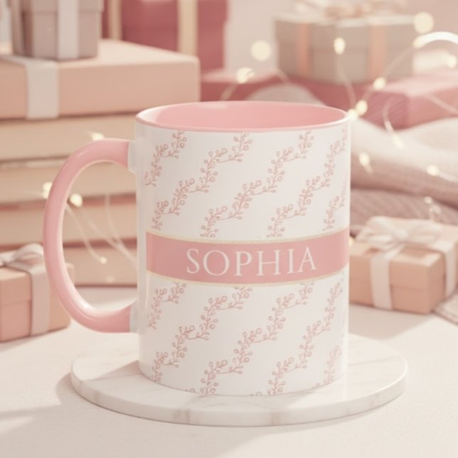 feminin Pink and Gold Floral Monogram Personalized Mug (Creator Uploaded)