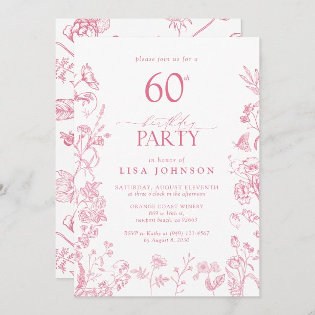 Feminine 60th Birthday Party Pink Victorian Floral Invitation (Front/Back)