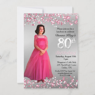 Feminine 80th Birthday Pink Sparkly 2 Photo Invitation