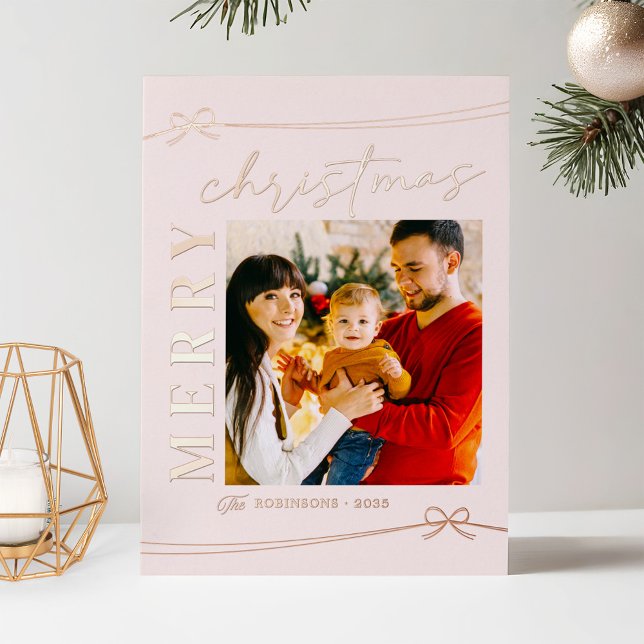 Feminine Baby Pink Minimal Christmas Photo Foil Holiday Card (Creator Uploaded)