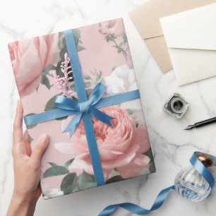 Feminine Baby Pink Rose White Floral Pattern Wrapping Paper
