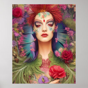 Feminine beauty roses n feathers headdress poster