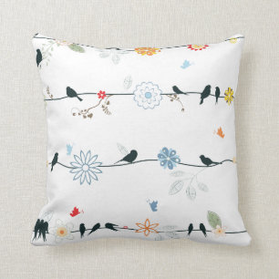 Feminine Birds on a Wire and Flowers Cushion
