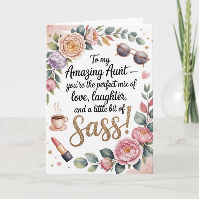 Feminine Birthday Card with Floral and Glitter (Front)