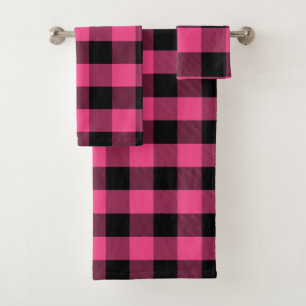 Feminine Black and Pink Buffalo Plaid Bath Towel Set
