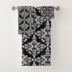 Feminine Black and White Damask Pattern Bath Towel Set