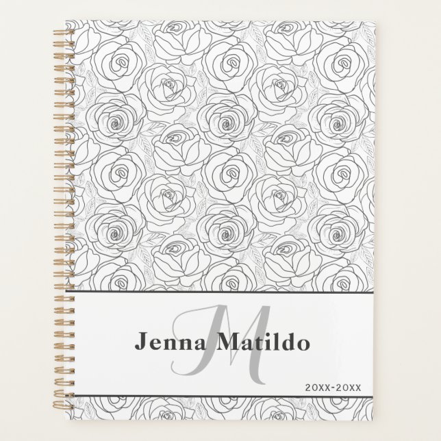 Feminine Black and White Rose Illustration Planner (Front)