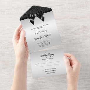 Feminine Black Gem Bow & Glitter Birthday All In One Invitation