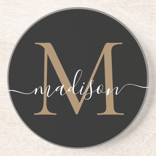 Feminine Black Gold Monogram Script Elegant Modern Coaster (Front)