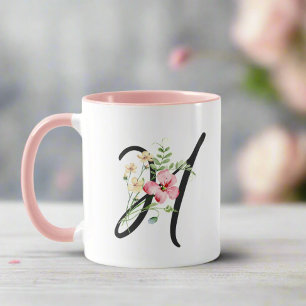 Feminine Black Script Letter " H" Flowers Pink Mug