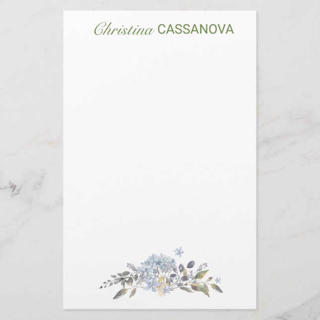 Feminine Blue Floral Watercolor Personalised Stationery (Front)