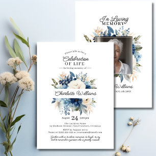 Feminine Blue Flowers Celebration of Life PHOTO Invitation