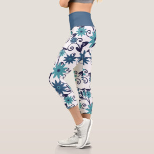 Feminine Blue Turquoise Flower Pattern  Capri Leggings