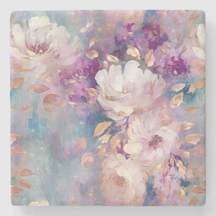 Feminine Blue White Gold Purple Flowers Stone Coaster