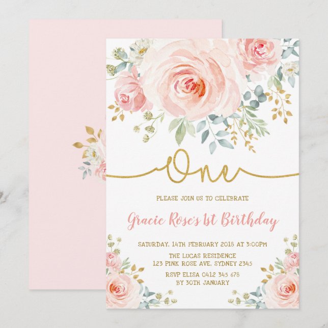 Feminine Blush Floral Rose Girl 1st Birthday Party Invitation (Front/Back)