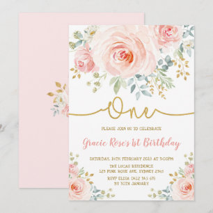 Feminine Blush Floral Rose Girl 1st Birthday Party Invitation