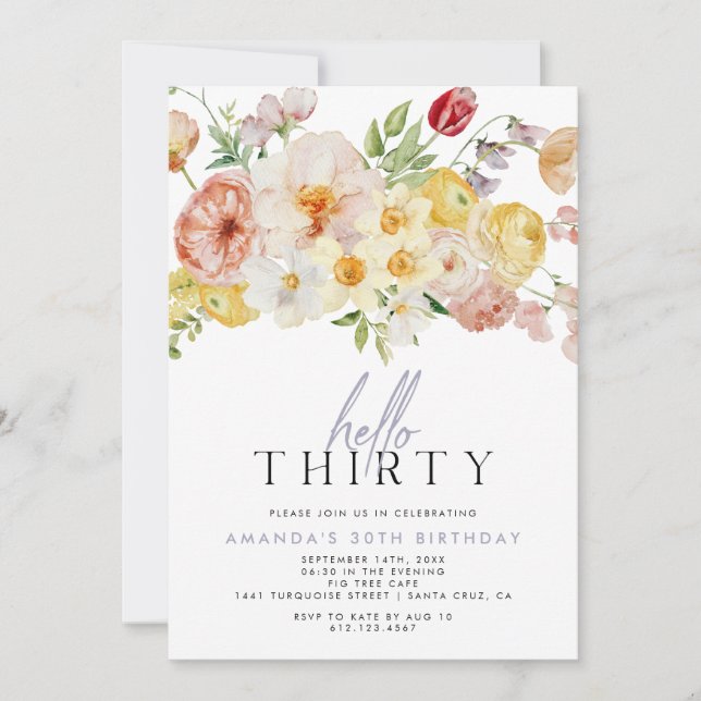 Feminine Blush Floral Wildflower Thirty Birthday Invitation (Front)