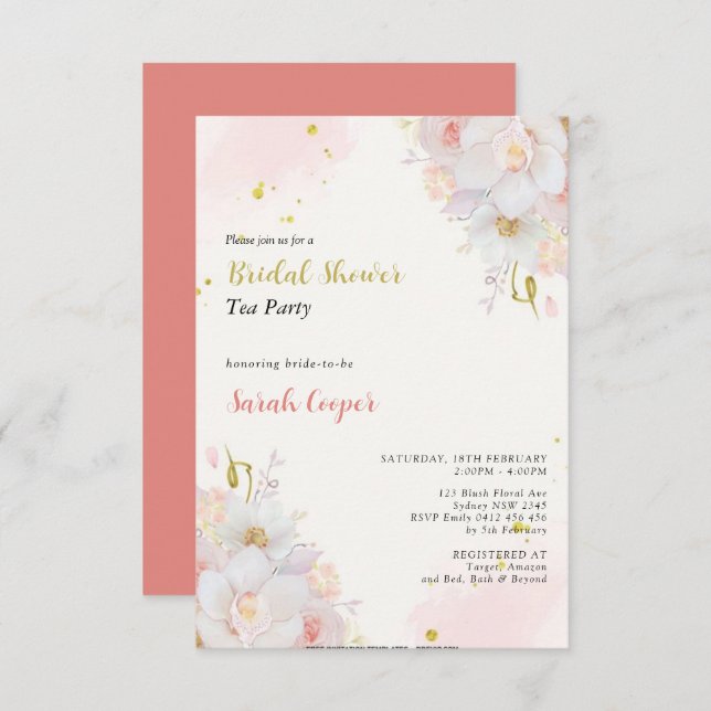 Feminine Blush Gold Floral Bridal Shower Tea Party Invitation (Front/Back)