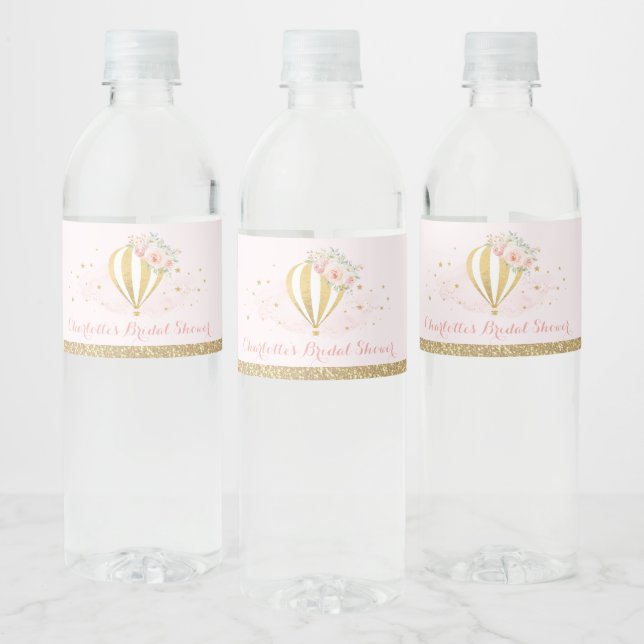 Feminine Blush Gold Floral Hot Air Balloon Favours Water Bottle Label (Bottles)