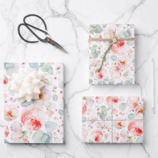 Feminine Blush Pink and White Watercolor Floral  Wrapping Paper Sheet