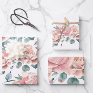 Feminine Blush Pink and White Watercolor Floral Wrapping Paper Sheet
