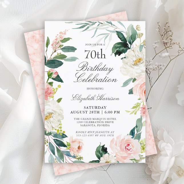 Feminine Blush Pink Floral 70th Birthday Party Invitation (Available in both printed and instant download digital formats.)