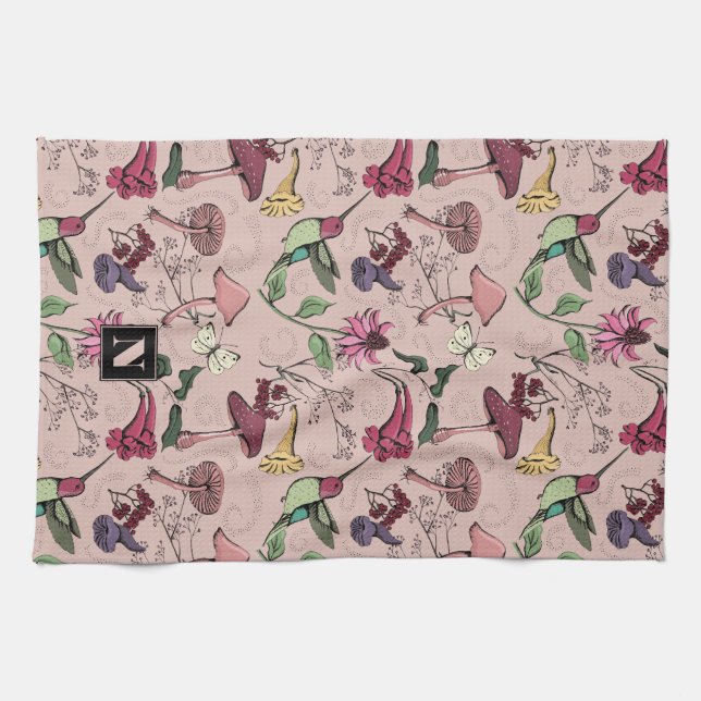Feminine Blush Pink Floral Hummingbird Garden Tea Towel (Horizontal)