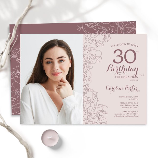 Feminine Blush Pink Floral Photo 30th Birthday Invitation (Creator Uploaded)