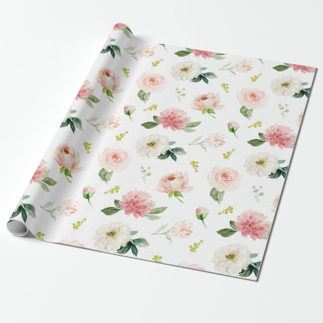 Feminine Blush Pink Floral Watercolor Pattern Wrapping Paper (Unrolled)