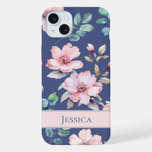 Feminine Blush Pink Flowers Blue Phone Case