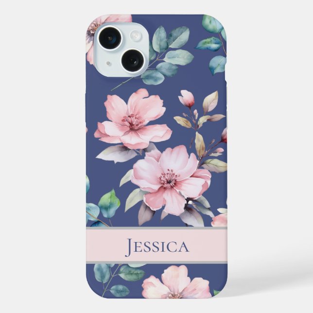 Feminine Blush Pink Flowers Blue Phone Case (Back)