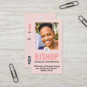 Feminine Blush Pink Photo QR Logo Church Bishop Business Card