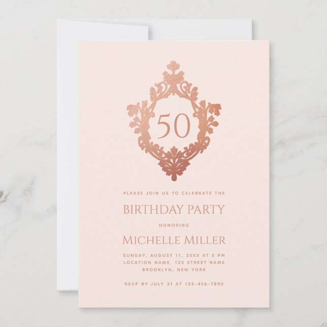 Feminine Blush Pink Rose Gold Crest 50th Birthday Invitation (Front)