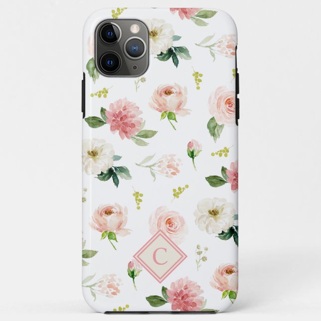 Feminine Blush Pink Roses Pattern with Monogram Case-Mate iPhone Case (Back)