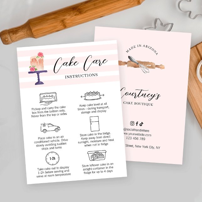 Feminine Blush Pink Watercolor Art Cake Care Card (Elegant cake care instructions cards with bakery watercolor art & cake care icons)