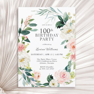 Feminine Blush Rose Floral 100th Birthday Party Invitation