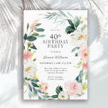 Feminine Blush Rose Floral 40th Birthday Party Invitation<br><div class="desc">A beautifully feminine 40th birthday party invitation framed in a wreath of blush pink and white watercolor roses and trailing greenery. The colour combinations are both feminine and cheerful to prepare your guests for a happy celebration. Personalise with your event details by replacing the sample text shown in the design...</div>