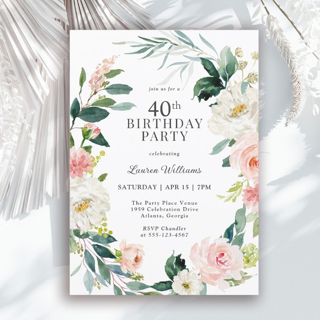 Feminine Blush Rose Floral 40th Birthday Party Invitation (Available as both printed and instant download digital formats.)