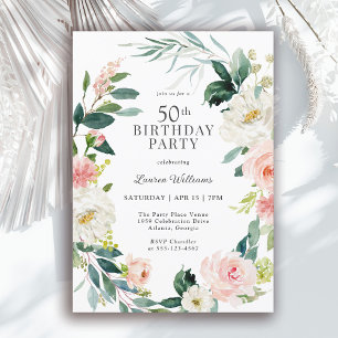 Feminine Blush Rose Floral 50th Birthday Party Invitation