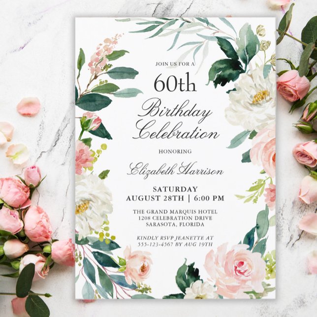 Feminine Blush Rose Floral 60th Birthday Party Invitation (Creator Uploaded)